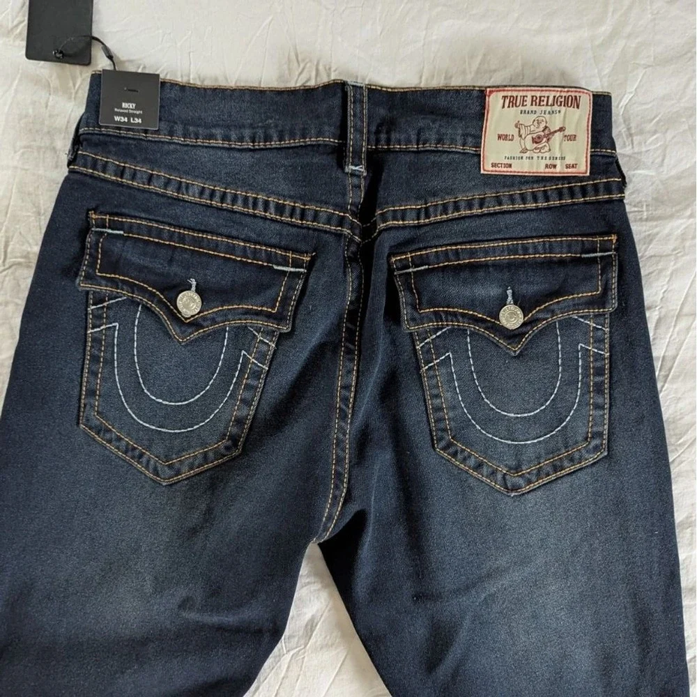 True Religion NWT‎ Ricky Relaxed Straight Jeans Dark Wash Big Flap Mens 34x34